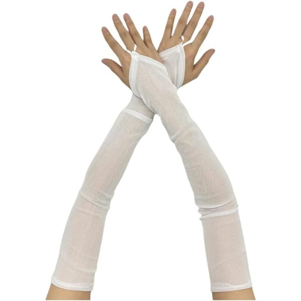 Women's A-A-White Silk Tulle Long Lace Fingerless Gloves Wedding Party Prom